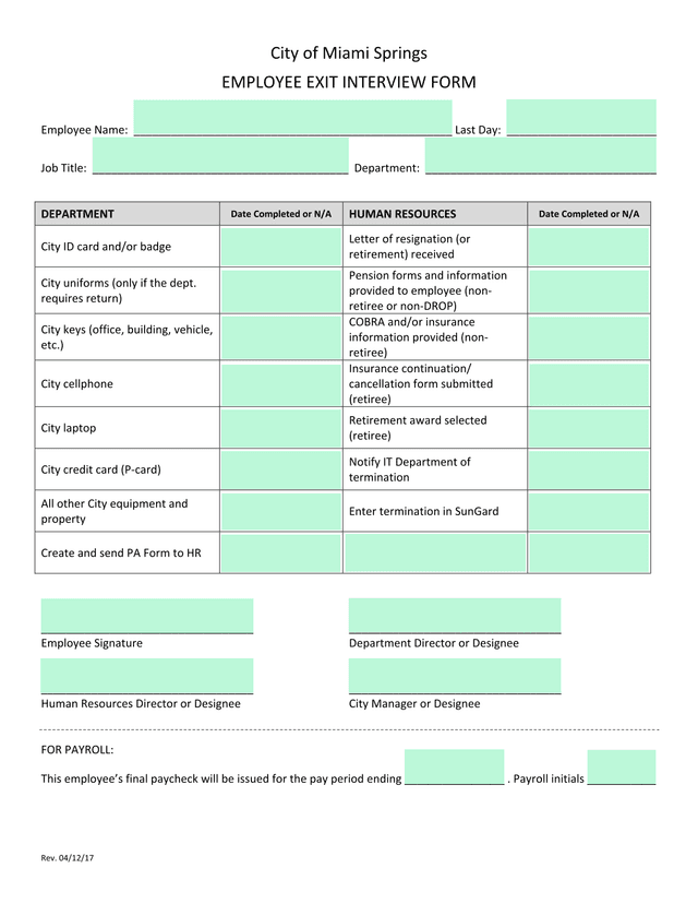 City Of Miami Springs Employee Exit Interview Form screenshot