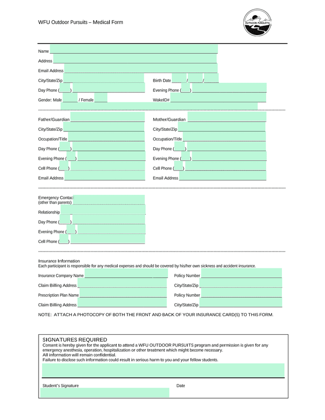 WFU Outdoor Pursuits  Medical Form screenshot