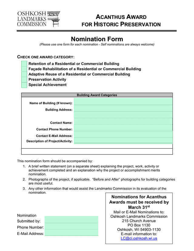 Acanthus Award For Historic Preservation Nomination Form screenshot