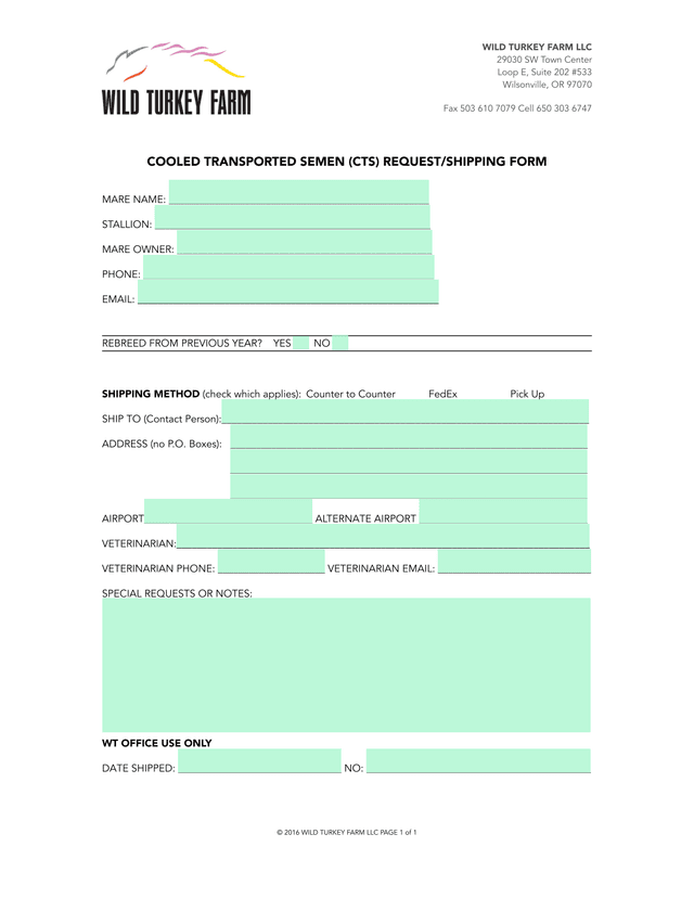 COOLED TRANSPORTED SEMEN (CTS) REQUESTSHIPPING FORM screenshot