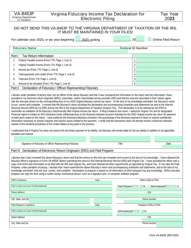 VA 8453F Virginia Fiduciary Income Tax Declaration For Electronic Filing screenshot