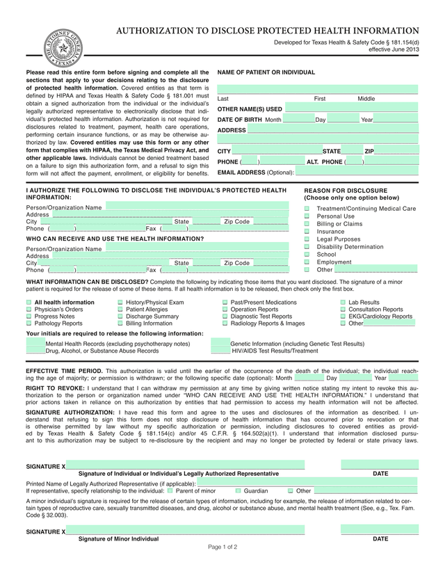 Authorization To Disclose Protected Health Information screenshot