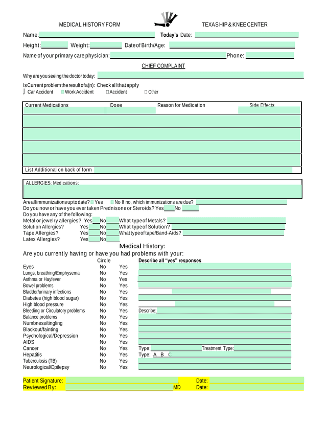 MEDICAL HISTORY FORM screenshot
