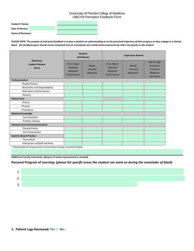 OBGYN Formative Feedback Form screenshot