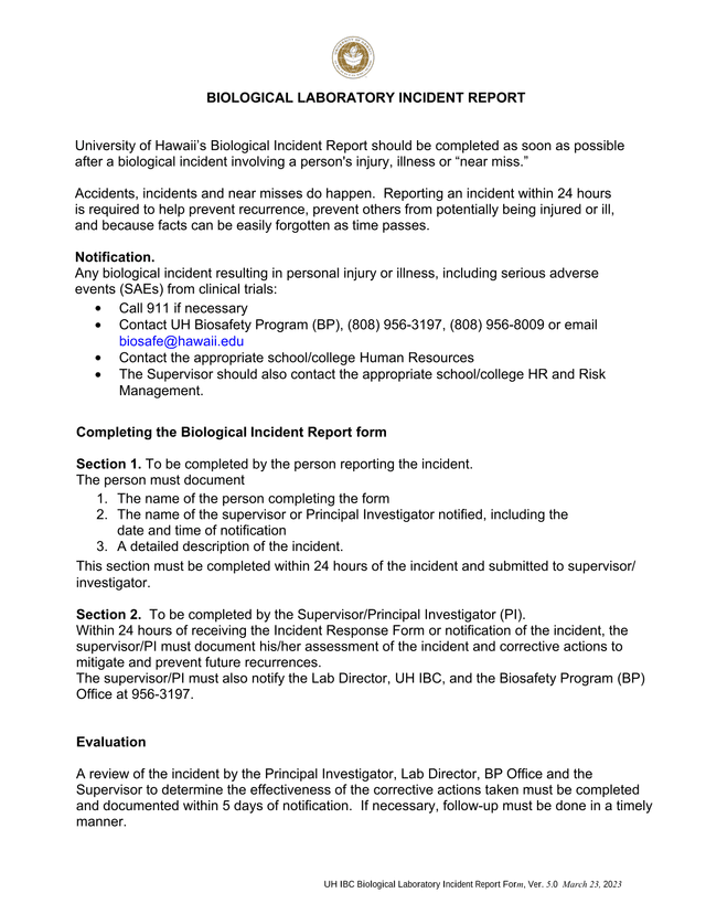 UH IBC Biological Laboratory Incident Report Form screenshot