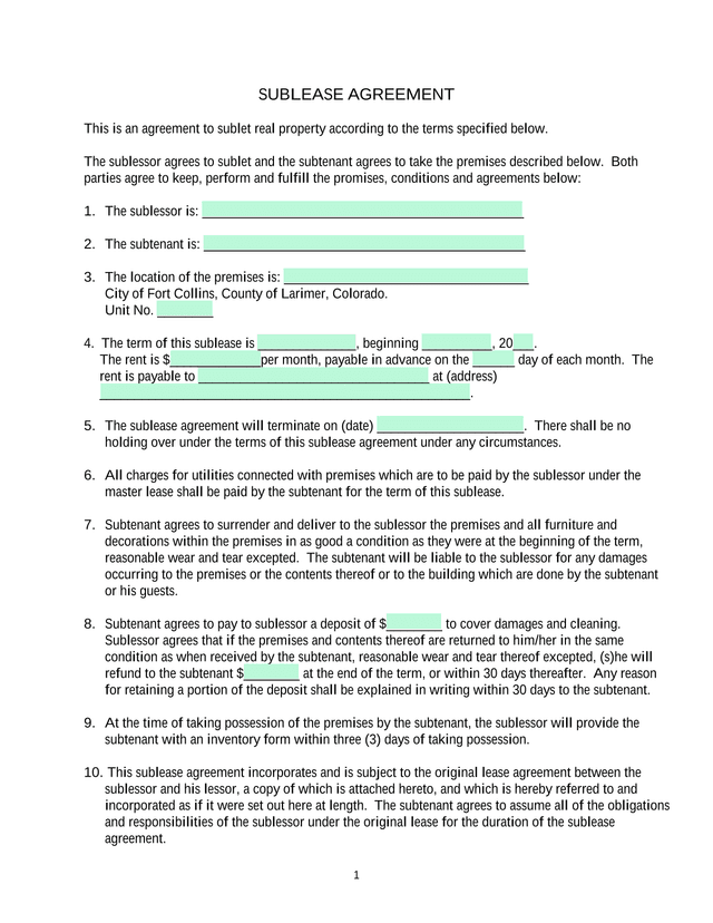 SUBLEASE AGREEMENT screenshot