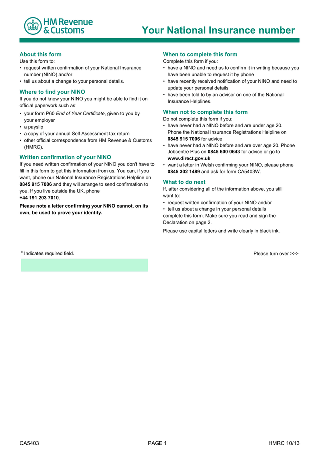 National Insurance Number Request Form screenshot
