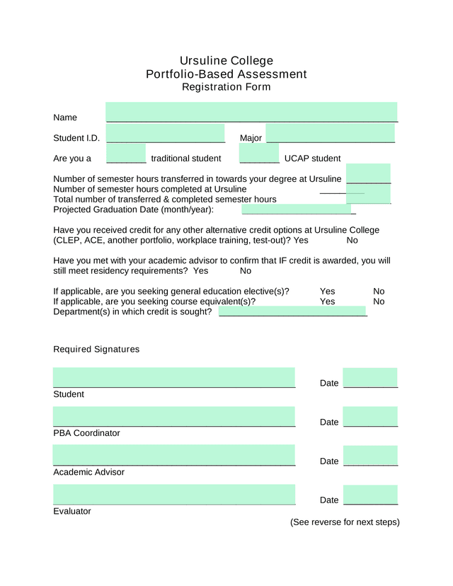 Ursuline College Portfolio Based Assessment Registration Form screenshot