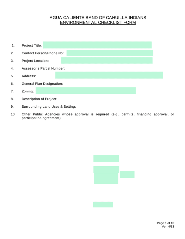 AGUA CALIENTE BAND OF CAHUILLA INDIANS ENVIRONMENTAL CHECKLIST FORM screenshot