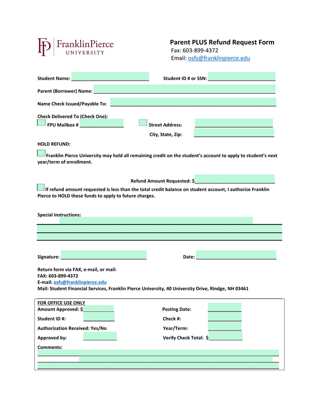 Parent PLUS Refund Request Form screenshot