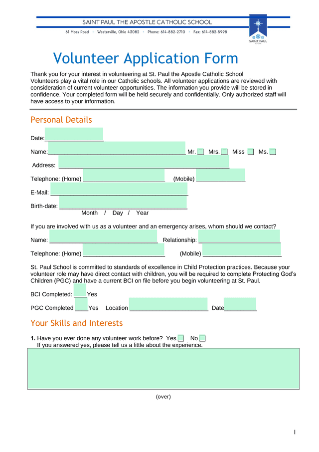 Volunteer Application Form screenshot