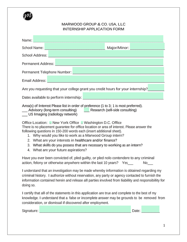 Marwood Group  Co. USA, LLC Internship Application Form screenshot