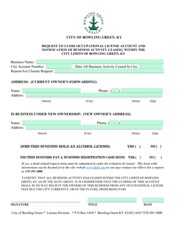 Request To Close Occupational License Account And Notification Of Business Activity Ceasing screenshot