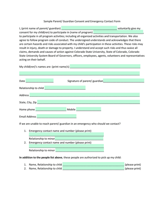 Sample Parent Guardian Consent And Emergency Contact Form screenshot
