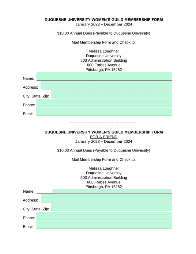Duquesne University WomenS Guild Membership Form screenshot
