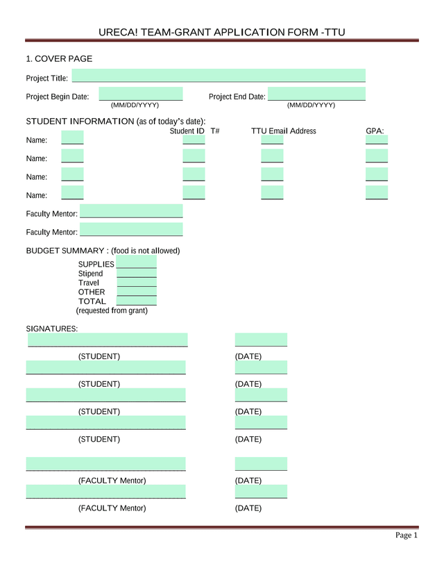 URECA TEAM GRANT APPLICATION FORM  TTU screenshot