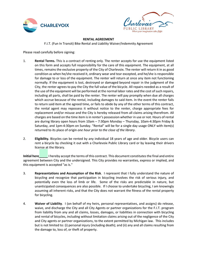 F.I.T. (Fun In Transit) Bike Rental And Liability WaiverIndemnity Agreement screenshot