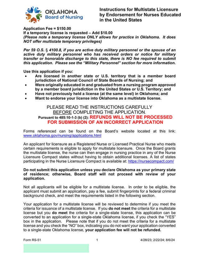 Instructions For Multistate Licensure By Endorsement For Nurses Educated In The United States screenshot