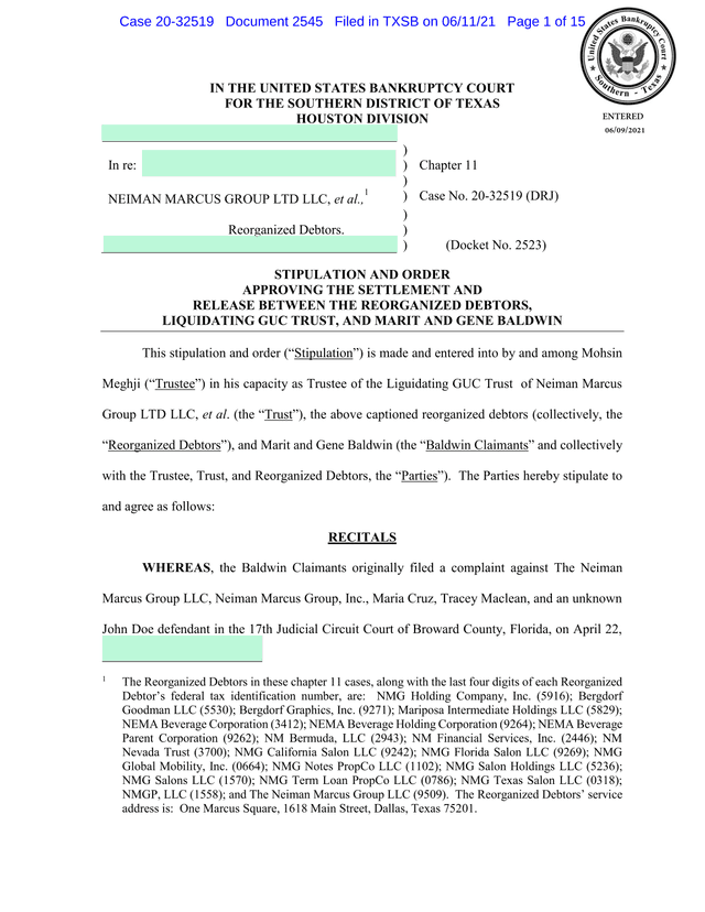 Stipulation And Order Approving Settlement And Release screenshot