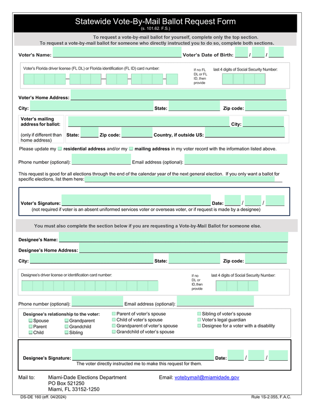 Statewide Vote By Mail Ballot Request Form screenshot