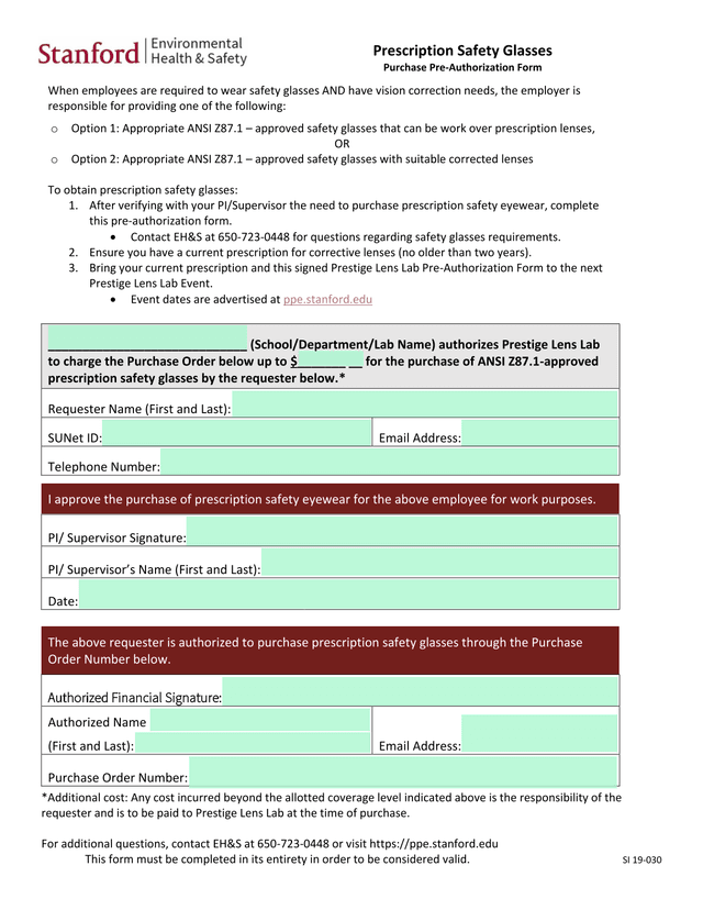 Prescription Safety Glasses Purchase Pre Authorization Form screenshot