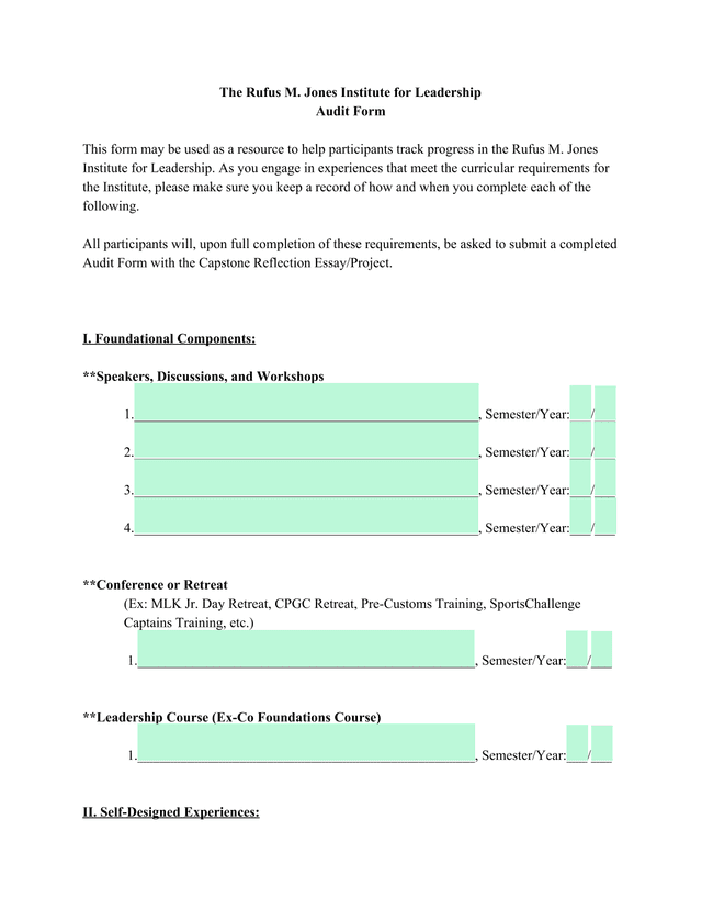 Rufus M. Jones Institute For Leadership Audit Form screenshot