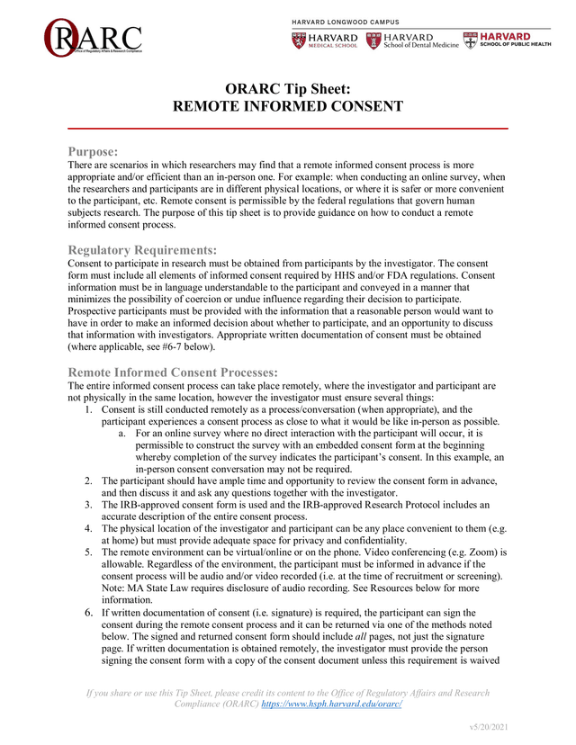 ORARC Tip Sheet REMOTE INFORMED CONSENT screenshot