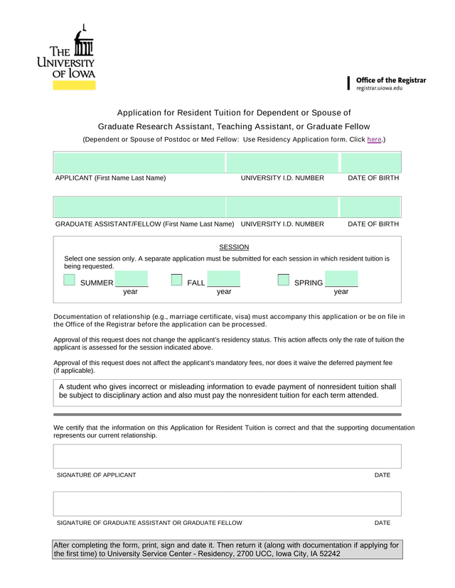 Application For Resident Tuition For Dependent Or Spouse Of Graduate Research Assistant, Teaching As screenshot