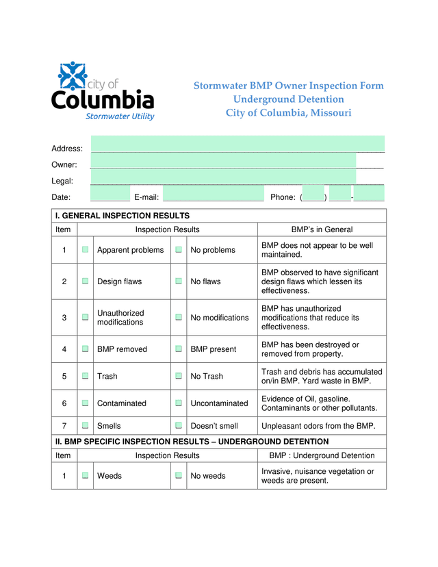 Stormwater BMP Owner Inspection Form screenshot