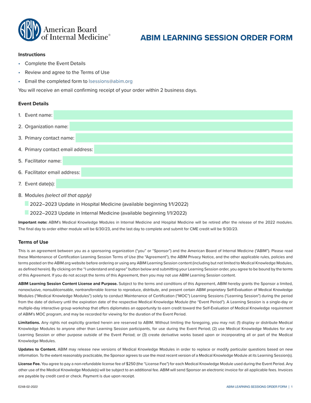 ABIM Learning Session Order Form screenshot