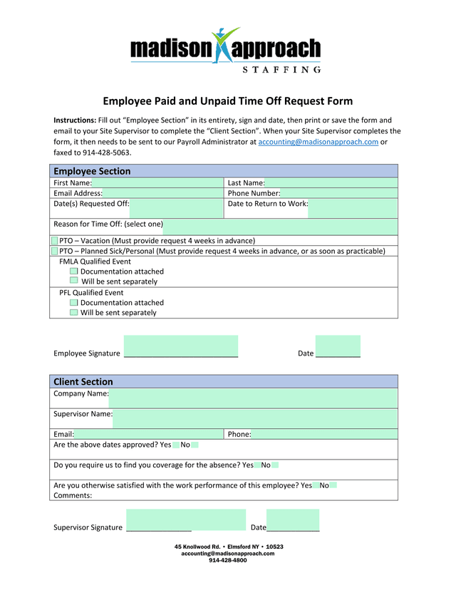 Employee Paid And Unpaid Time Off Request Form screenshot