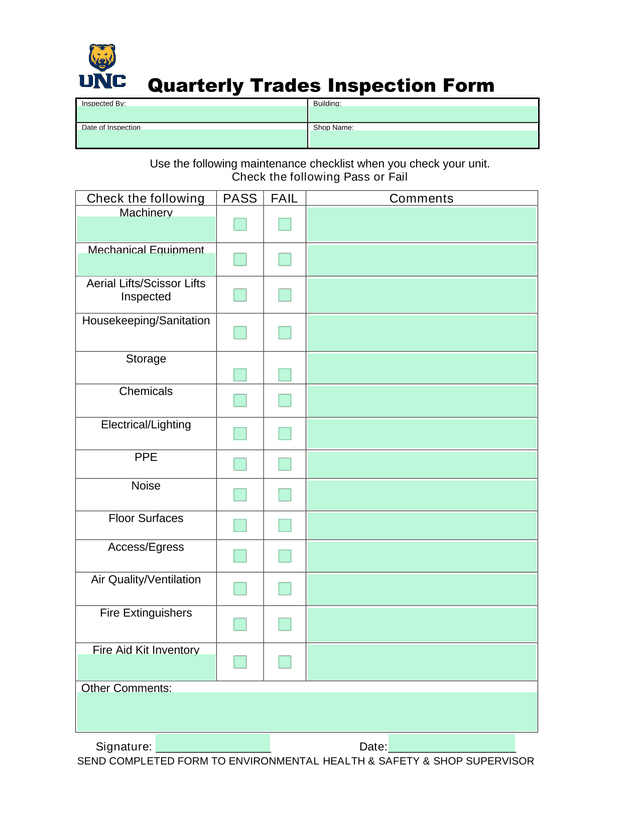 Quarterly Trades Inspection Form screenshot
