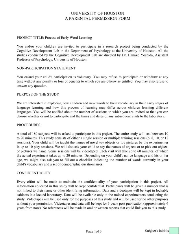 Parental Permission Form Process Of Early Word Learning screenshot