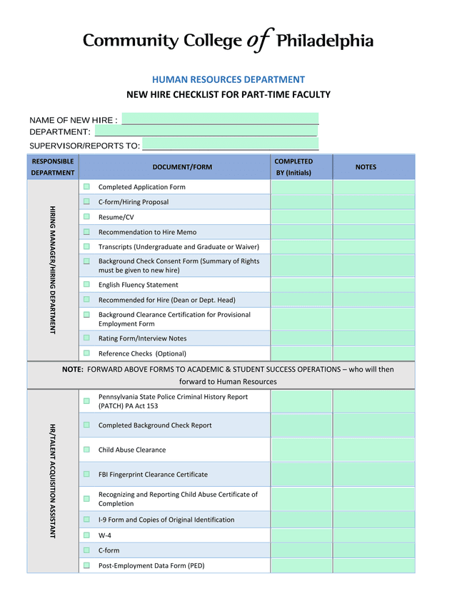 New Hire Checklist For Part Time Faculty screenshot