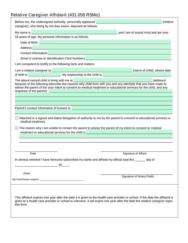 Relative Caregiver Affidavit (431.058 RSMo) screenshot