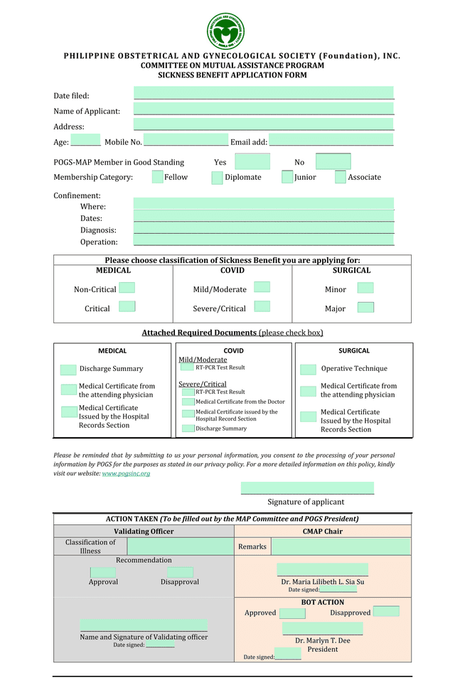 POGS MAP Sickness Benefit Application Form screenshot