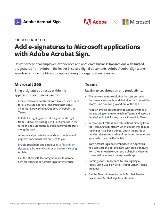 Add E Signatures To Microsoft Applications With Adobe Acrobat Sign Solution Brief screenshot