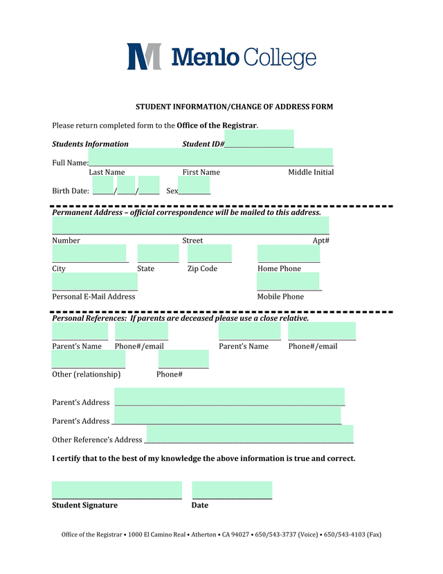 Student InformationChange Of Address Form screenshot