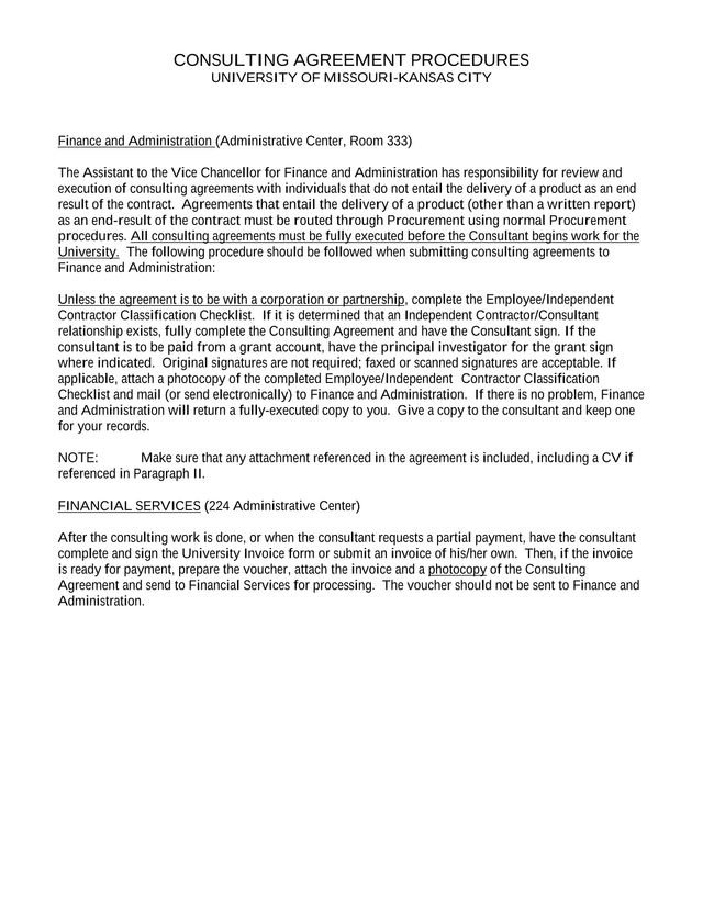 Consulting Agreement Procedures screenshot