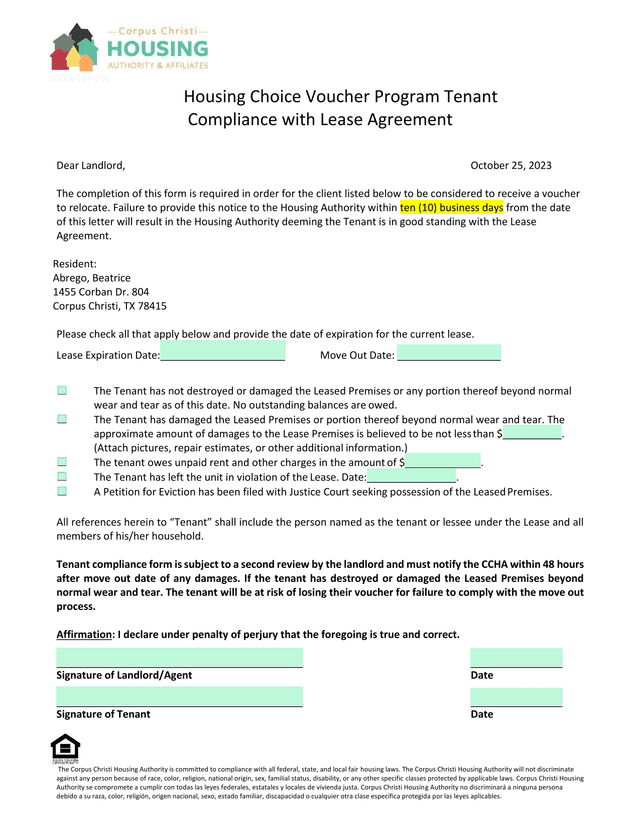 Housing Choice Voucher Program Tenant Compliance With Lease Agreement screenshot