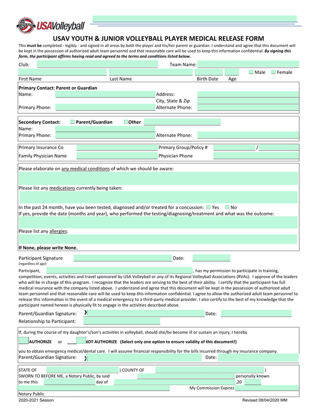 USAV Youth  Junior Volleyball Player Medical Release Form screenshot