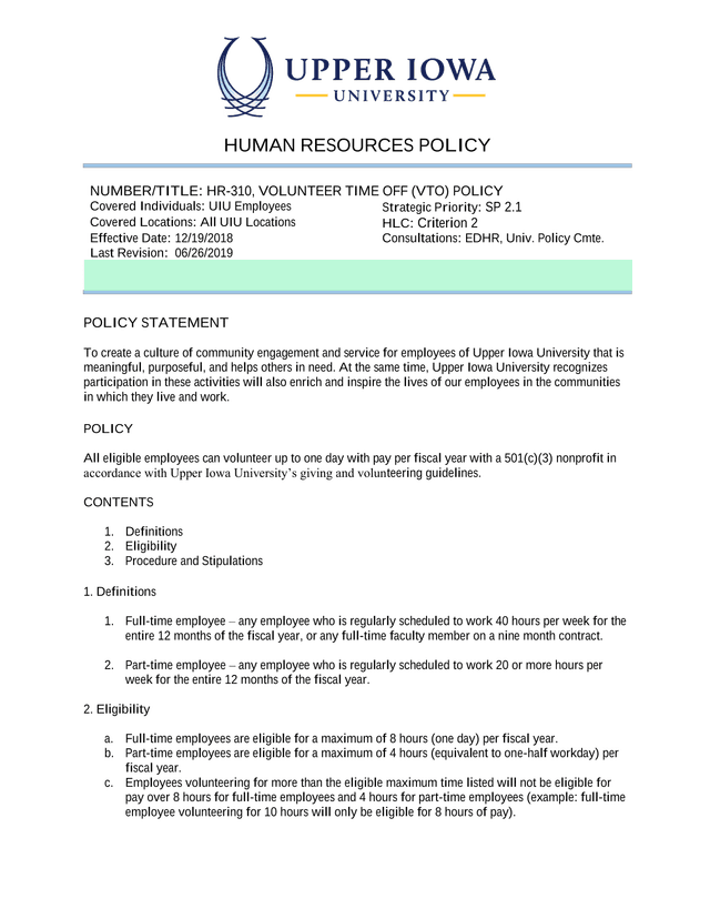 HR 310, Volunteer Time Off (VTO) Policy screenshot
