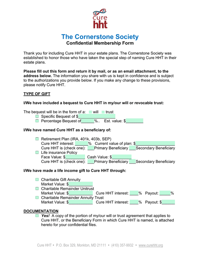 The Cornerstone Society Confidential Membership Form screenshot