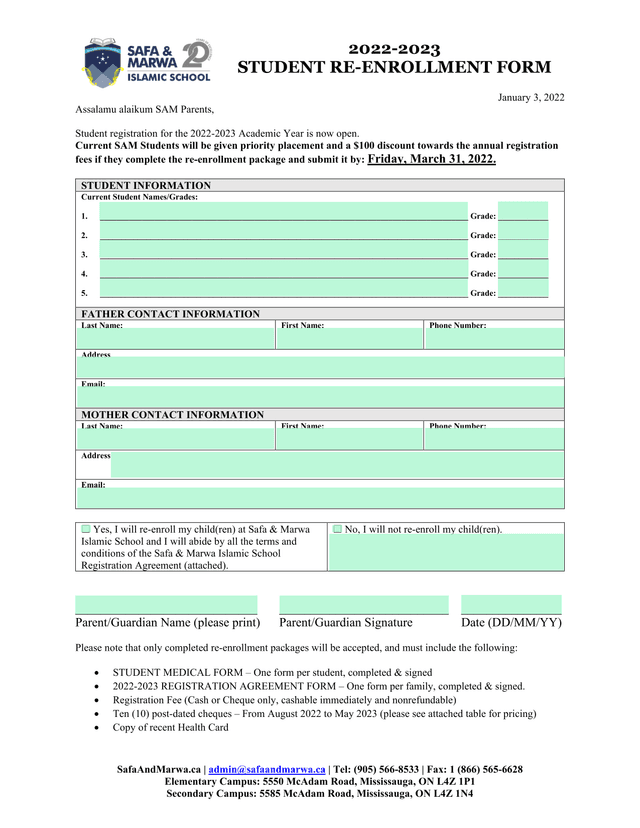 2022 2023 Student Re Enrollment Form screenshot