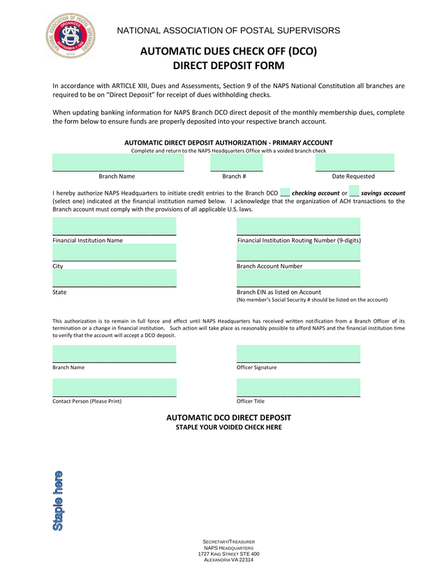 Automatic Dues Check Off (DCO) Direct Deposit Form screenshot