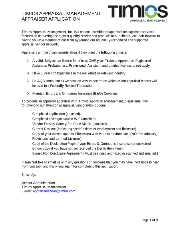 Timios Appraisal Management Appraiser Application screenshot