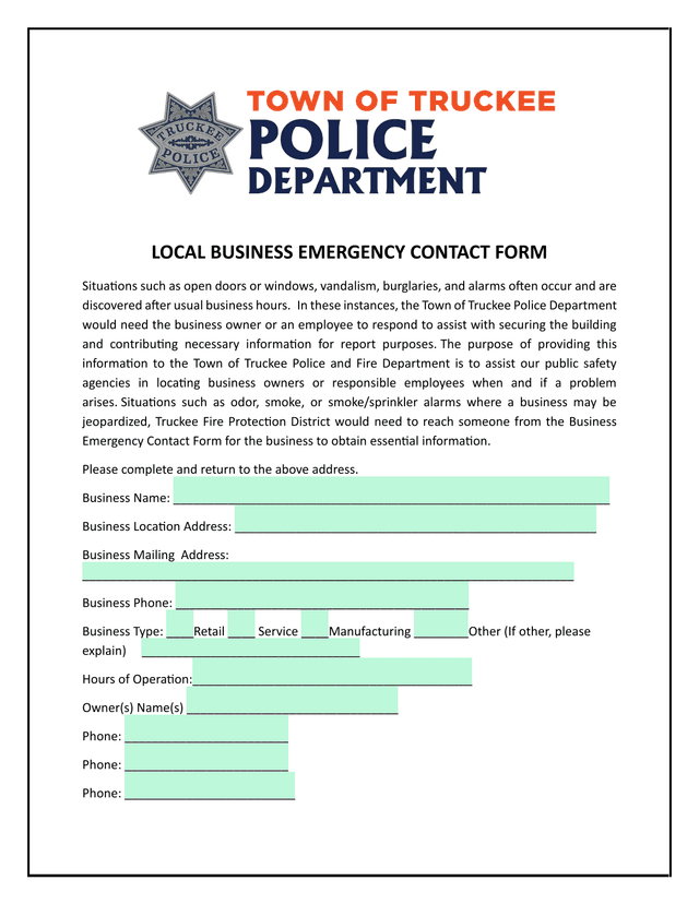 LOCAL BUSINESS EMERGENCY CONTACT FORM screenshot