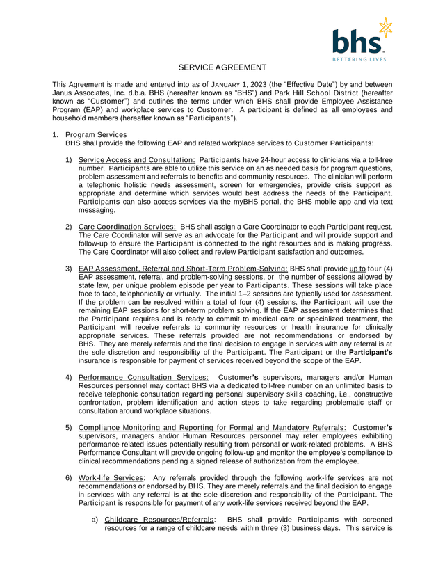 Service Agreement screenshot