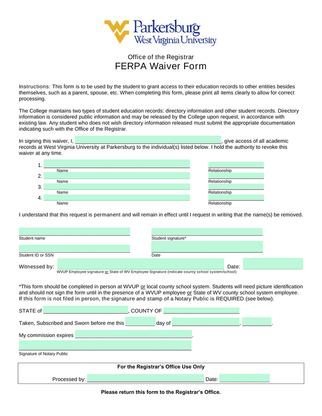 FERPA Waiver Form screenshot