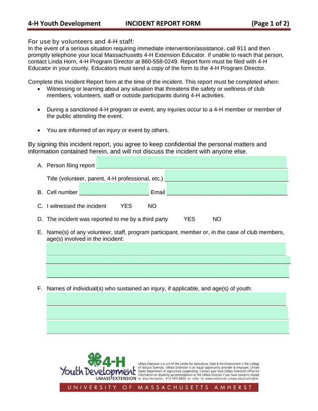 4 H Youth Development Incident Report Form screenshot